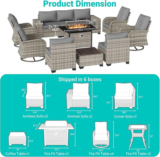13-Piece Outdoor Patio Furniture Set with Rocking Swivel Chair, PE Wicker Rattan Sectional Sofa Patio Conversation Set with 55,000 BTU Fire Pit Table & Coffee Table, Grey