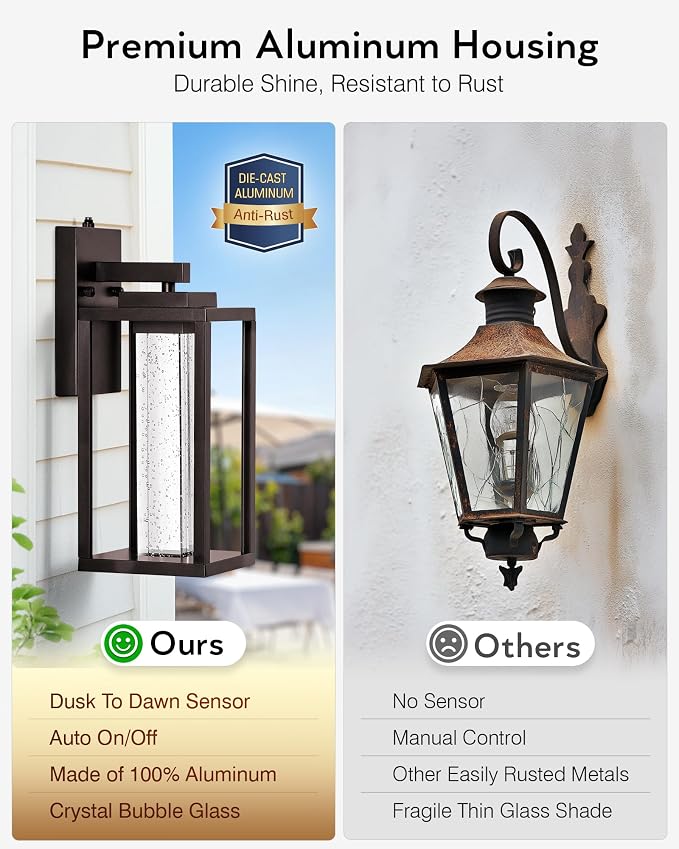 VIANIS Oil Rubbed Bronze Outdoor House Lights Fixtures Wall Mount, 2 Packs Large Dusk to Dawn Exterior Wall Sconce Lantern, Waterproof Farmhouse Built-in Rectangular LED Outdoor Porch Light for Garage