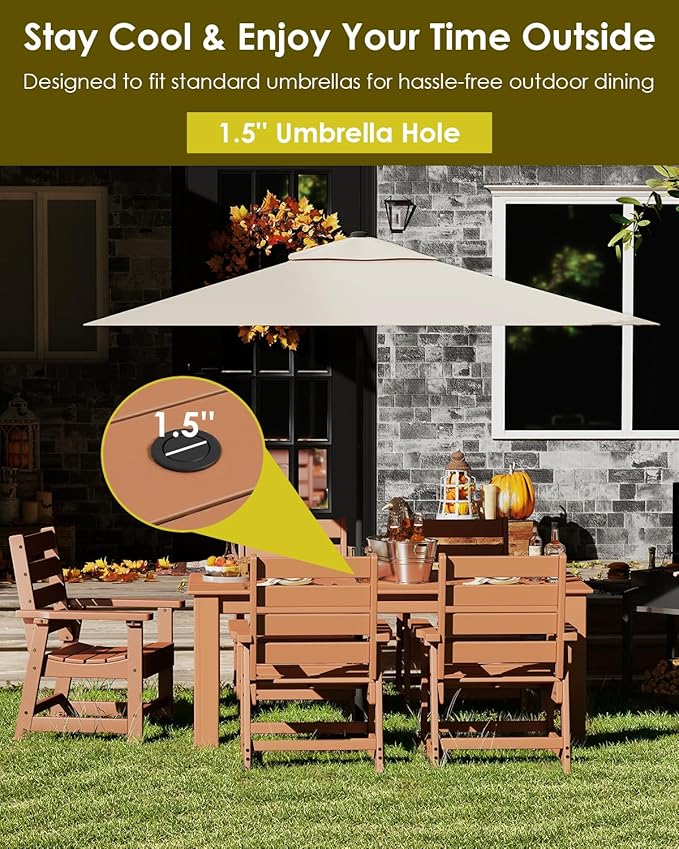 GREENVINES 7-Piece Outdoor-Dining-Set | HDPE Plastic 67'' Table and Chairs Sets for 6 | Patio Furniture | All Weather | Umbrella Hole | Teak | for Poolside Garden Backyard