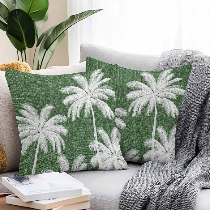 Outdoor Pillow Covers 16x16 Inch Set of 2, Dark Green Palm Trees Waterproof Throw Pillow Covers, Farmhouse Tropical Summer Beach Decorative Cushion Pillowcases for Couch, Sofa, Bed, Garden, Patio