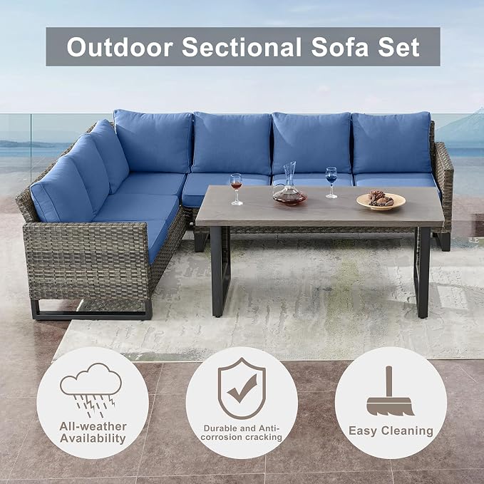 Belord Outdoor Sectional Furniture with Swivel Rocker Chair, 10 Pieces Wicker Patio Furniture Sets with Ottoman L Shaped Sofa Coffee Table Blue Cushion