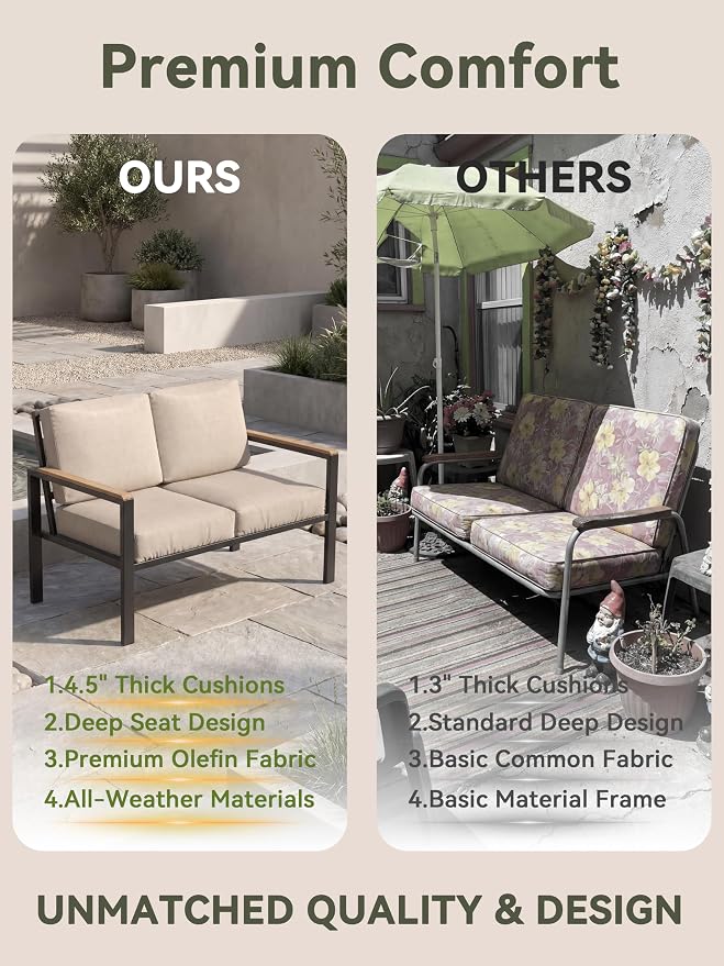 5-Piece Patio Furniture Set with Fire Pit Table & Coffee Table & Removable Washable Cushions, All-Weather Metal Frame and Wood-Like Armrests for Porch, Garden, Balcony,Beige