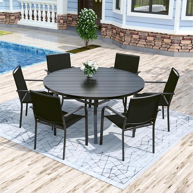 Anmutig 7 Piece Patio Dining Set 54 Inch Round Table Stackable Chairs Black | Powder-Coated Steel Frame, Quick-Dry Textilene Mesh, Dual-Size Umbrella Hole, Weather Resistant, Patio, Garden, Backyard