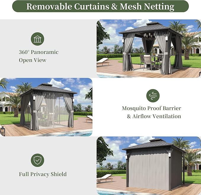 Aoxun 10'x10' Hardtop Gazebo with 4 LED Lights, Outdoor Gazebo with Galvanized Steel Double Roof, Patio Gazebo with Breathable Netting & Privacy Curtain, Decor Hooks for Backyard, Gray
