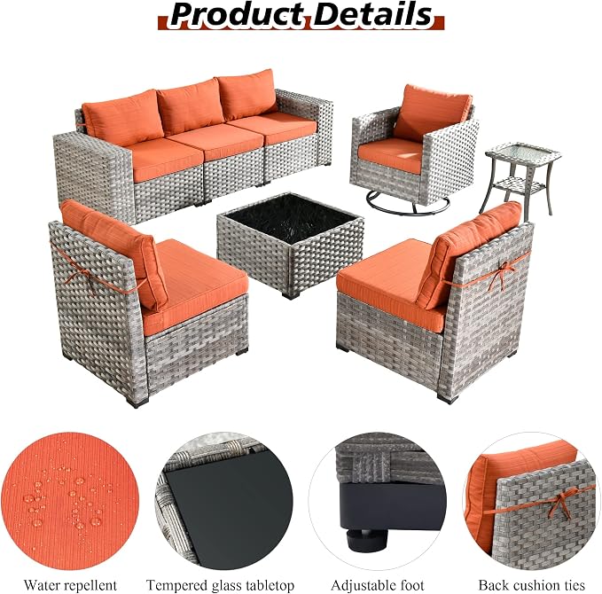 HOOOWOOO Outdoor Patio Sectional Furniture Sofa Set with Swivel Rocking Chair,8 Piece Modern Wicker Couch with Widened Armrest,Modular Conversation Seating Set for Garden(Orange Red)