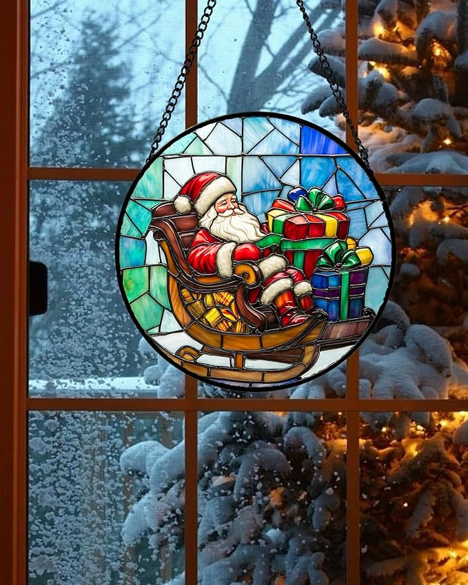 DASTOLL Stained Glass Window Hanging - Santa Claus Gift BoxSuncatcher for Doors Home Christmas Decoration Winter Sun Catcher Thanksgiving New Year Birthday Gift for Women Men Mom Nana 7.8 in
