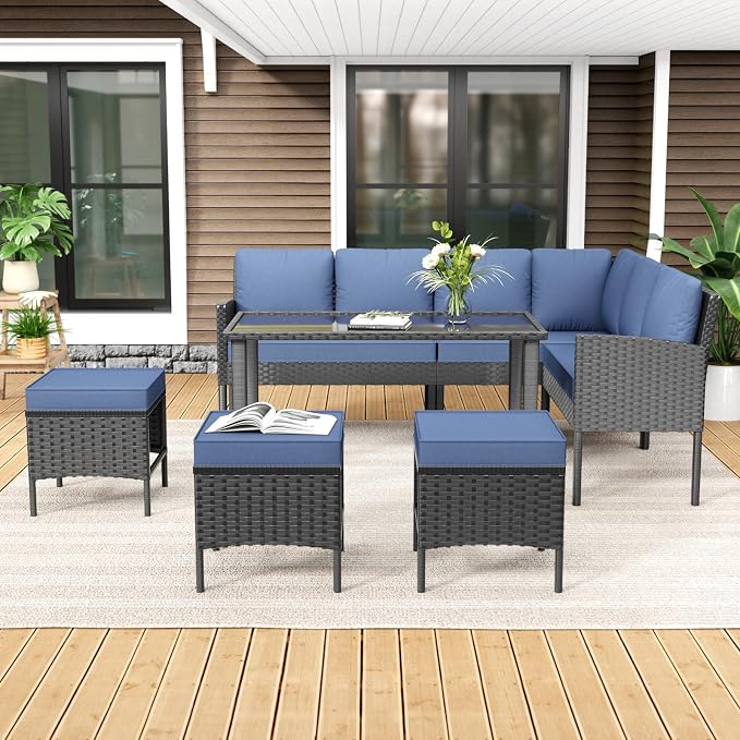 7-Piece Patio Furniture Set, All-Weather Wicker Sectional Sofa with Seat & Back Cushions, Long Glass Coffee Table, Outdoor Rattan Conversation Set for Garden, Porch, Lawn, Blue
