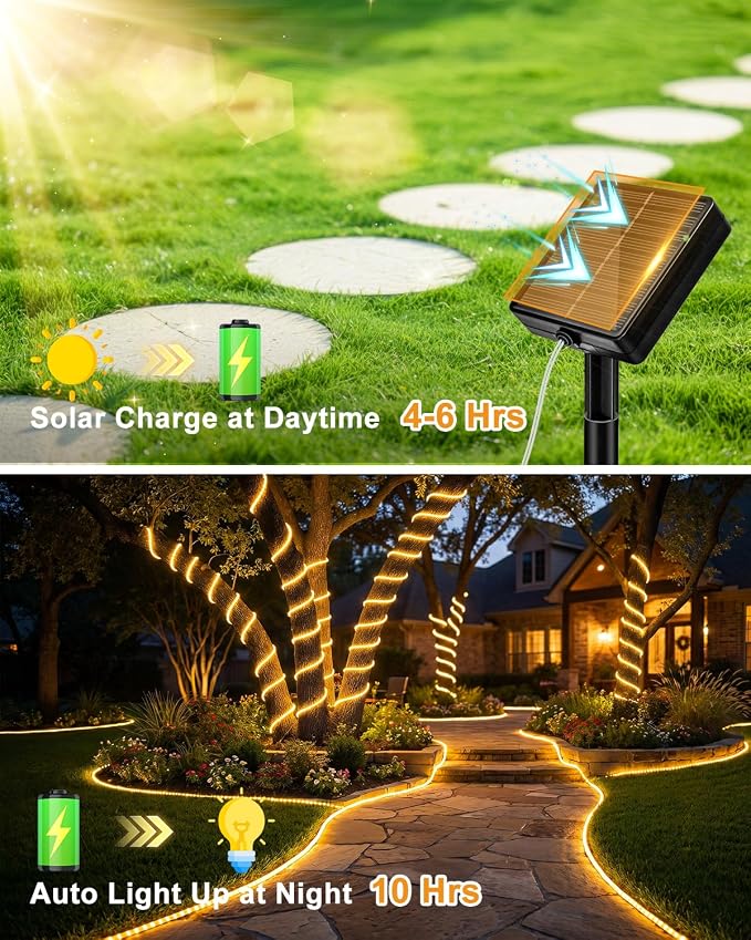 btfarm 6 Pack Solar Rope Lights Outdoor, 120LED 46FT Solar String Lights Outside Waterproof, 8 Lighting Modes Solar Powered Strip Tube Light for Garden Tree Christmas Yard Party Decor, Warm White