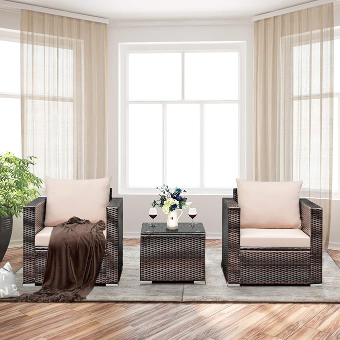 RELAX4LIFE 3-Piece Wicker Bistro Set - Outdoor Patio Rattan Sofa Set w/Washable Cushions & Tempered Glass Coffee Table, Conversation Furniture Set for Backyard, Porch, Garden & Poolside (Brown)