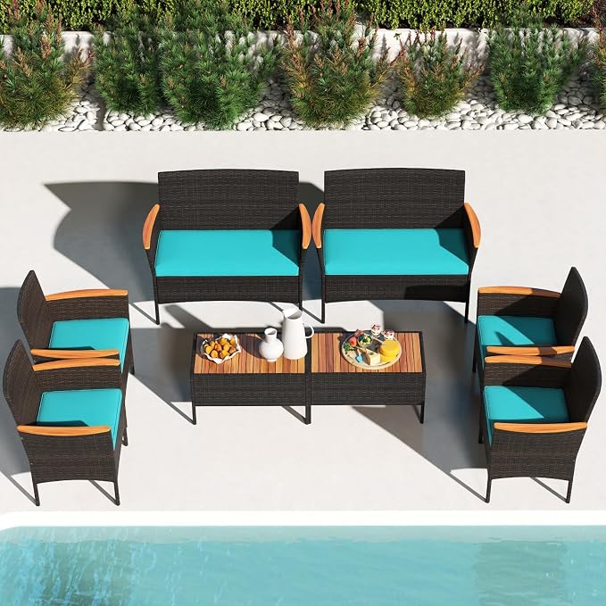 Tangkula 4 Pieces Patio Wicker Sofa Set, 2 Rattan Chairs & Loveseat w/Coffee Table, Acacia Wood Armrests & Tabletop, Outdoor Cushioned Conversation Set for Backyard, Poolside (Turquoise, 8 Pieces)