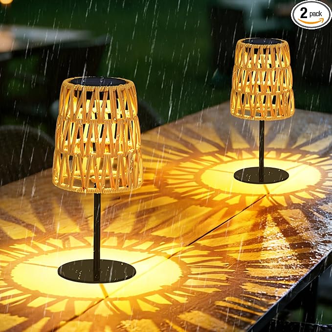 2pcs Outdoor Table Lamp: Rechargeable LED Solar Lantern for Garden Yard, Waterproof Solar Lights Outdoor Cordless Table Rattan Lamp, Small Deck Lamp for Balcony Patio,Gift for Women Mother Days