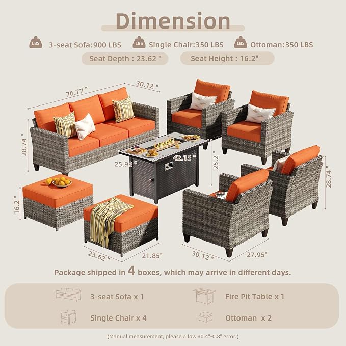 CAODOC 8-Piece Outdoor Wicker Patio Set with 9 Seats, Including 43" Fire Pit - Sectional Sofa and Conversation Set for Backyard or Lawn, Gray Rattan with Waterproof Red Cushions