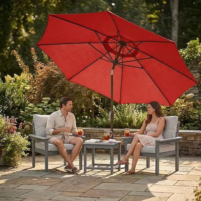 Kingdura 9FT Outdoor Patio Umbrella, Market Table Umbrella with Push Button Tilt and Crank, 8 Sturdy Fiberglass Ribs, UV Protection for Pool, Lawn, Deck, Backyard, Garden (Red)