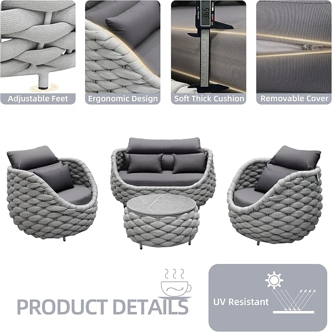 TWT 6-Piece Aluminum Patio Furniture Set, Olefin Rope Modern Outdoor Conversation Set Sectional Sofa with Water Repellent Thick Cushions and Coffee Table for Balcony, Garden, Light Grey