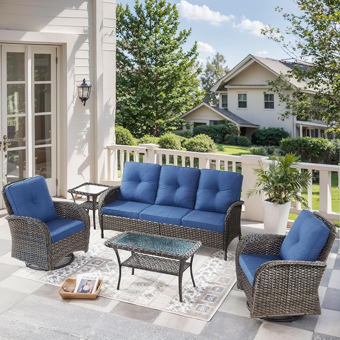5 Pieces Wicker Patio Furniture Set-Outdoor Swivel Rocker Patio Chairs Patio Sofa Set with Tempered Glass Top Outdoor Coffee Table for Deck Lawn Porch Balcony Poolside-Brown/Blue