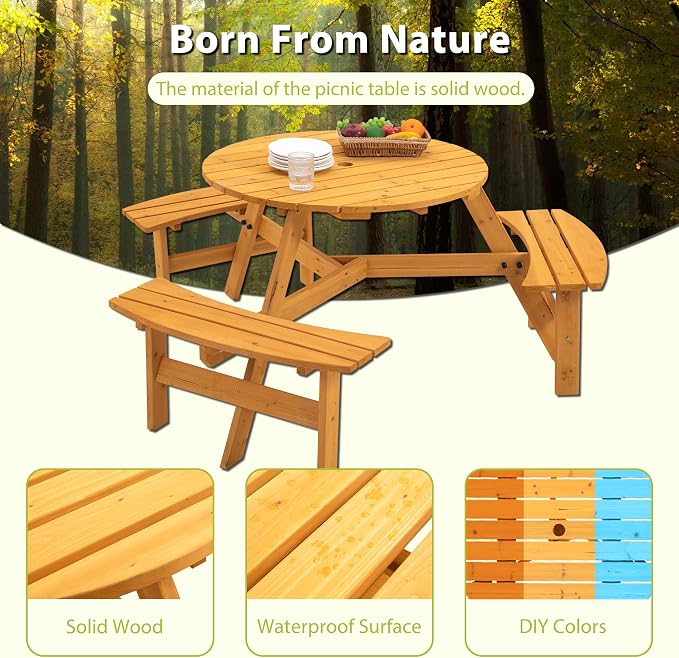 35.43'' Round Outdoor Dining Table Wooden Patio Dining Table & 3 Curved Built-in Bench for 6, 2" Umbrella Hole, Suitable for Backyard Garden Porch, Natural