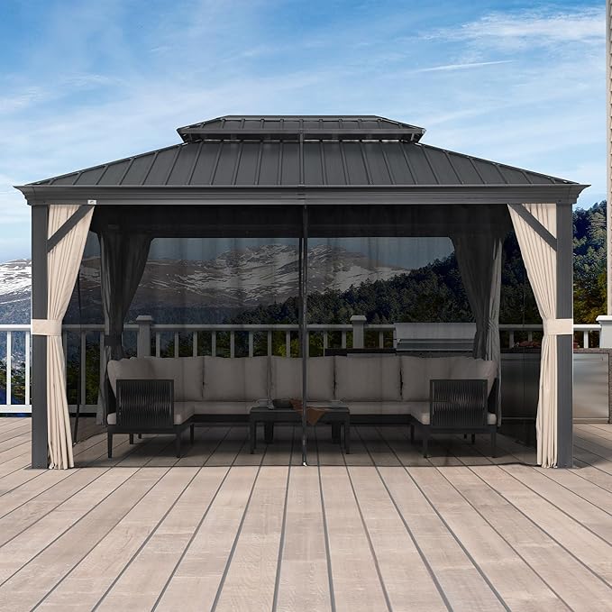 PURPLE LEAF 10' X 14' Hardtop Gazebo Aluminum Gazebo with Galvanized Steel Double Roof for Patio Lawn and Garden Curtains and Netting Included Beige