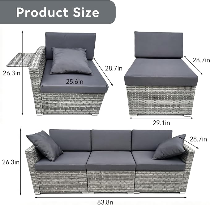 DECMICO 3 Piece Rattan Conversation Bistro Set, Outdoor Wicker Patio Furniture Set, All-Weather PE Rattan Chairs with Cushions for Backyard, Balcony, Garden, Charcoal Grey