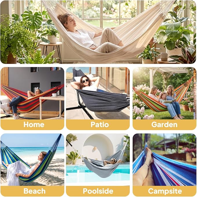 ANYOO Cotton Hammock Portable Camping Hammocks for Hanging Sturdy Garden Comfortable Fabric Hammock with Tree Straps Up to 660lbs with Travel Bag for Camping Outdoor/Indoor Patio Backyard