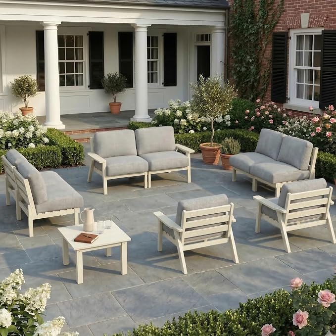 HDPE Patio Furniture Set 8 Seats, Outdoor Couch with Washable Thick Gray Cushions & Side Table, Outdoor Sectional Furniture for Backyard, Deck, Lawn, Porch (White Frame)
