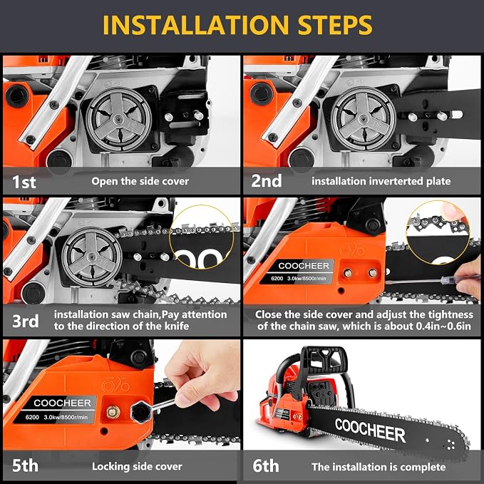 COOCHEER 62CC Gas Chainsaw 20 Inch, 3.5 HP 2-Stroke Chainsaw Gas Powered with Carrying Bag & Tool Kit, Chainsaws for Wood Cutting, Tree Trimming, Farm Use (Orange-Red)