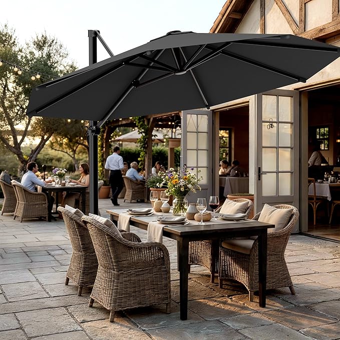AreShark 11FT Cantilever Patio Umbrella, 360-Degree Rotation Round Hanging Offset Umbrella with Crank, Heavy Duty Patio Umbrella for Patio, Pool, Garden, Deck, Grey