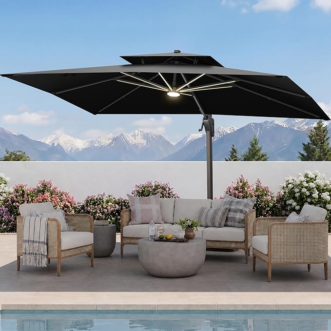 10 X 13 FT Cantilever Patio Umbrella with Led Lights and Base Included Heavy Duty Outdoor Double Top Large Rectangle Offset Umbrellas with 360-degree Rotation for Garden Pool Deck Backyard, Black