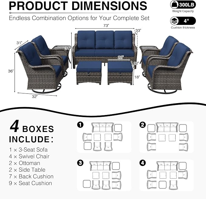 Joyside 9 Piece Wicker Patio Furniture Set, Outdoor Swivel Rocker Patio Chairs with High Back, Deep Seating, Wide Armrest, Thickened Cushions, Outdoor Furniture for Deck, Porch Use