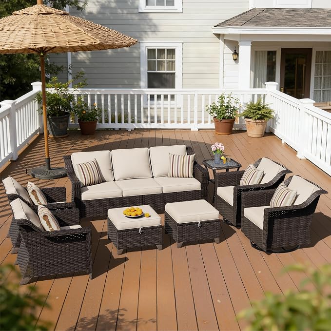 8 Pieces Patio Conversation Furniture Set - 1 Sofa, 2 Ottomans, 2 Armchairs, 2 Swivel Chairs, 1 Side Table, Outdoor Wicker Furniture with Removable Cushions for Porch, Sunroom (Beige)