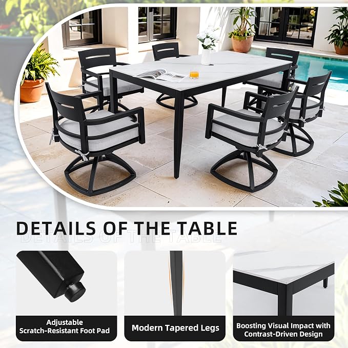 7PC Aluminum Outdoor Patio Dining Set, 71”Rectangular White Marble Dining Table with Sintered Stone Top and 6 Cushioned Swivel Rockers, All-Weather Patio Furniture