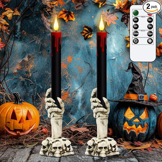 Eldnacele Halloween Flameless Taper Candle Lights Battery Operated with Remote and Timer, 2 Pack Skeleton Hand Holders Black Dripping Wax Effect LED Flickering Candles Home Decor(3” x 12”)