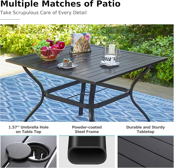MFSTUDIO 5 Piece Patio Dining Set for 4, Outdoor 37" Square Dining Table with Cushioned Chairs, Deck Dining Furniture Set with Umbrella Hole, Wicker Chairs and Table for Porch, Backyard