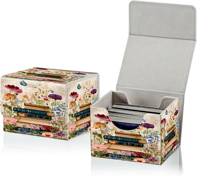 Card Deck Box for MTG, Cards Storage Box Fits 120+ Sleeved, Leather Small Size Strong Magnetic Closing Card Case for Board Games Magic TCG CCG Baseball Collection, Vintage Flower Books