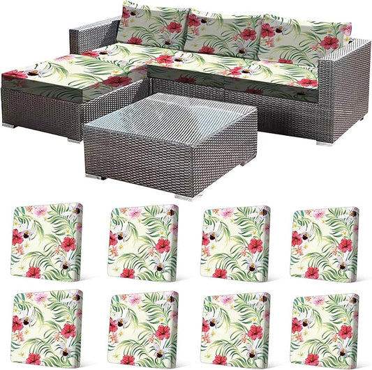 CALBODE 8 Pcs Stretch Outdoor Seat Cushion Covers, Washable Chair Seat Cover for Patio Furniture Cushions Soft Indoor and Outdoor Couch Cover Replacement (Tropical Floral, Beige,Cover Only)