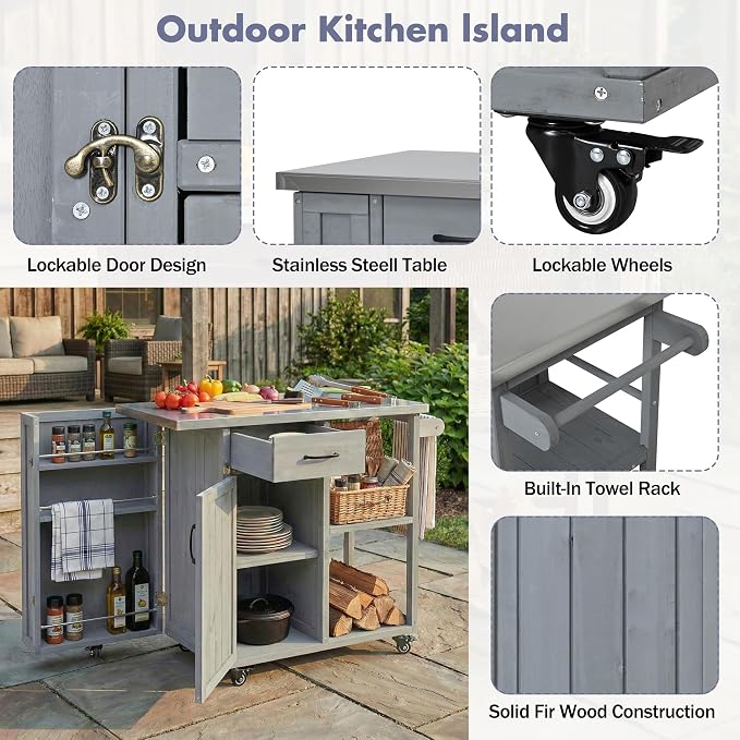 Outdoor Storage Deck Box and Kitchen Prep Station, Fir Wood Patio Storage Cabinet with Stainless Steel Top, Mobile Grill Cart with Lockable Wheels and Spice Rack for Backyard, 40.5 Inch, Grey