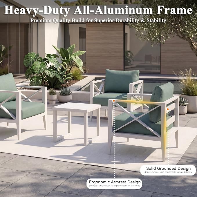Aluminum Patio Furniture Set, Modern Outdoor Patio Conversation Sets with Ergonomic Loveseat, 6" Thick Washable Cushions for Balcony, Porch, Backyard,White