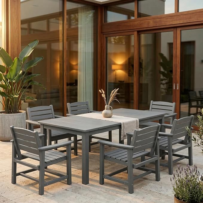 Kingdura 7 Piece Patio Dining Set for 6, 75.2'' HDPE Outdoor Dining Table Set with 2" Umbrella Hole, Weather-Resistant Outdoor Furniture, Table and Chairs Set for Backyard Pool Garden, Grey