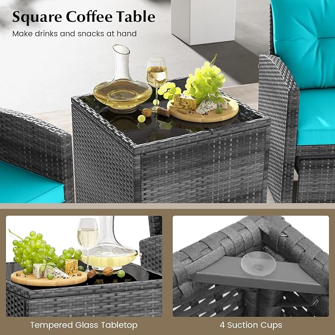 KOTEK 5 Pieces Patio Furniture Set with Ottomans, Wicker Patio Conversation Set with Coffee Table & Cushions, PE Rattan Outdoor Lounge Chairs for Backyard, Porch, Poolside (Mix Grey- Turquoise)