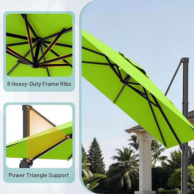 AreShark 10 × 10FT Square Cantilever Patio Umbrella with Base Included, 360° Rotation Offset Outdoor Umbrella, 5 Tilt Settings Heavy Duty Hanging Parasol for Deck Garden Pool, Apple Green