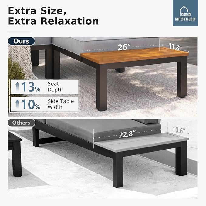 MFSTUDIO 6 Pieces Outdoor Sectional with Fire Pit Table, Metal L-Shaped Outdoor Patio Furniture Set with Cushion, Modular Patio Conversation Set, Modern Backyard Furniture for Deck,Garden