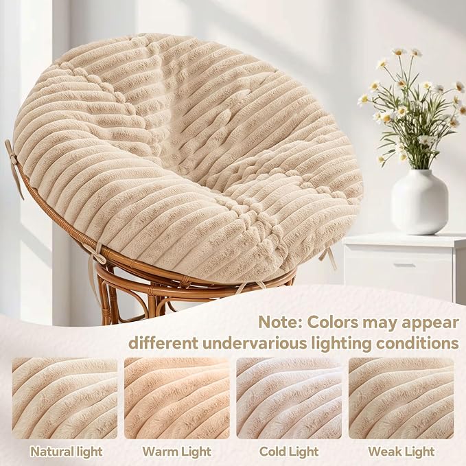Fluffy Shaggy Cover for Papasan Cushion Cover, 55 Inch, Machine Washable | Super‑Soft Faux Fur Papasan Chair Cushion Cover, 8 Ties Keep Cover Secure, Long‑Zipper for Easy Removal, khaki (Only Cover)