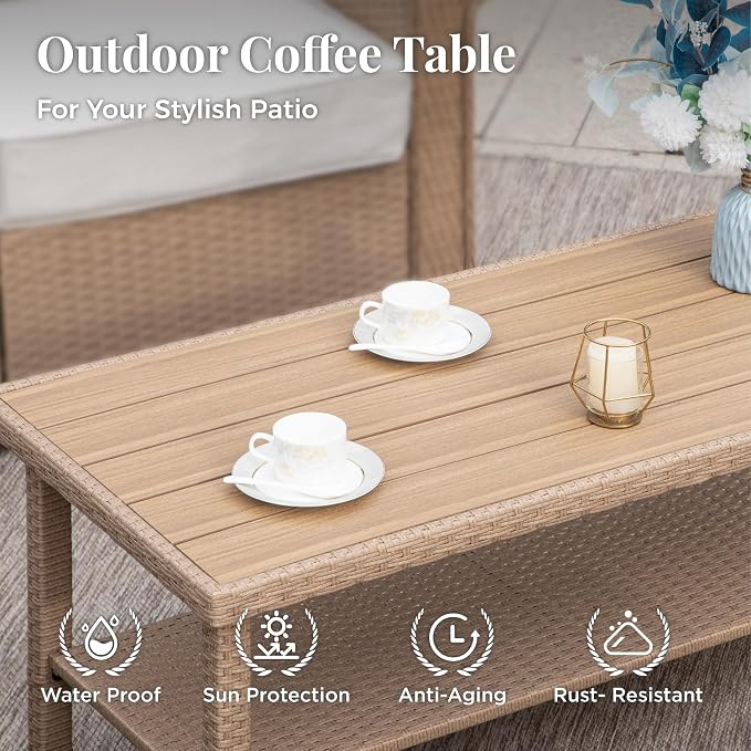 MIXPATIO Patio Furniture Set 6 pcs, Wicker Outdoor Patio Furniture, 3-Seat Sofa, 2 Single Sofas, 2 Ottomans and Coffee Table, Rattan Outdoor Conversation Set for Backyard Deck, Beige