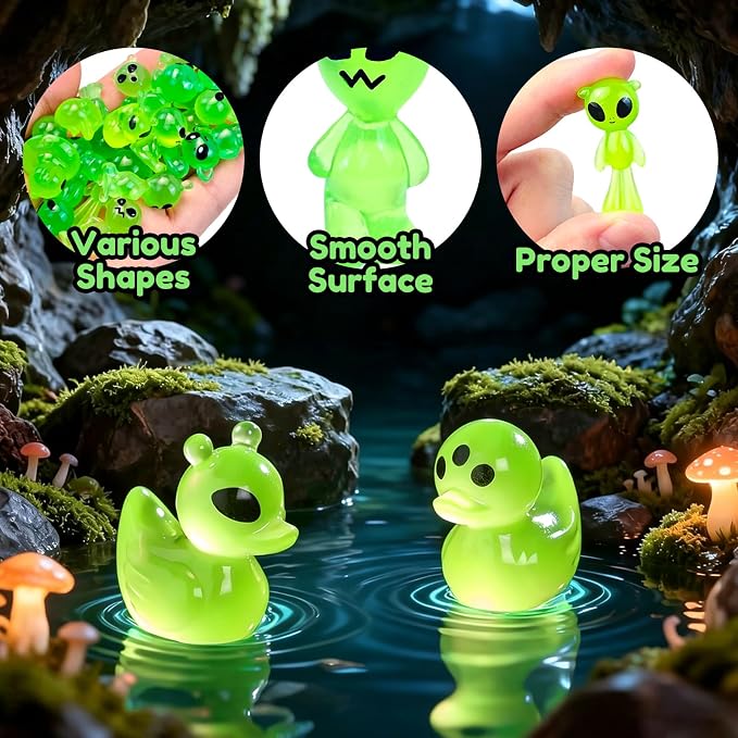 44 Pcs Luminous Mini Resin Alien Figures Glow in the Dark Alien Statues Miniature Figurines for Outer Space Party Micro Landscape Decor