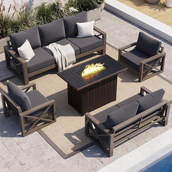 UDPATIO Aluminum Patio Furniture Set, Faux Wood Grain Modern Outdoor Furniture, 6" Cushions Metal Patio Conversation Sofa with Fire Table for Poolside Deck, 8 PCS, Dark Grey(Include 600D Covers)