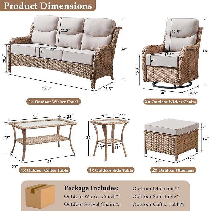 Luxury High Back Patio Furniture Set with 6-Inch Thick Cushions, 7-Pieces Outdoor Furniture with Swivel Chairs, Wicker Conversation Set for Porch, Balcony, Deck and Yard, Yellow/Beige
