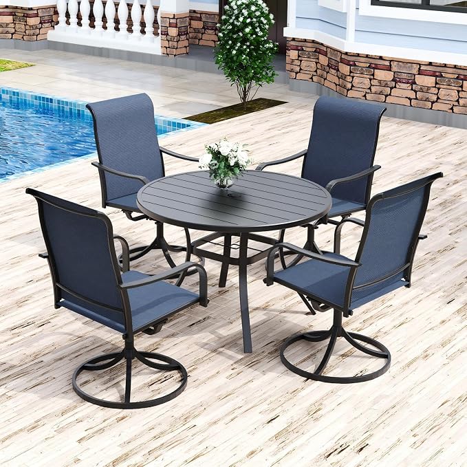 Anmutig 5 Piece Outdoor Patio Dining Set, 4 Swivel Rocking Patio Chairs & 41" Round Dining Table Outdoor Furniture for Backyard Bistro Garden Poolside, Blue