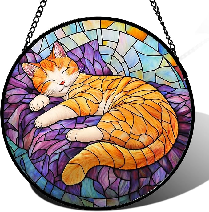 Stained Glass Window Hanging Sleeping Orange Cat 6.3" - Memorial Gift Suncatcher Door Sun Catcher Decor Birthday Christmas for Lost Pets Mom Men Woman Friend