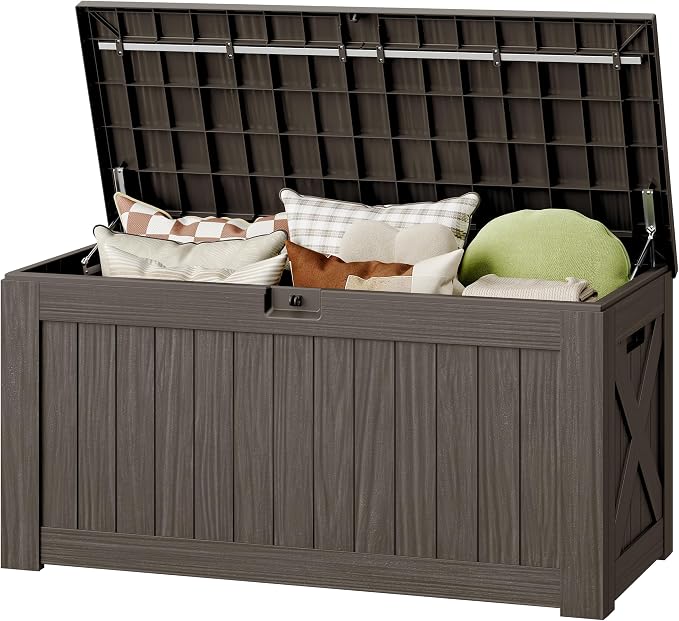 130 Gallon Deck Box Outdoor Indoor Waterproof Storage Box for Patio Furniture, Pool Accessories, Garden Tools, and Cushion Storage, Brown