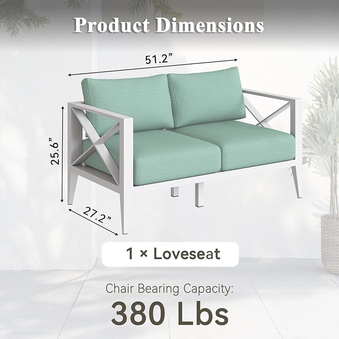 Aluminum Patio Furniture Set, Modern Outdoor Patio Conversation Sets with Ergonomic Loveseat, 6" Thick Washable Cushions for Balcony, Porch, Backyard,White