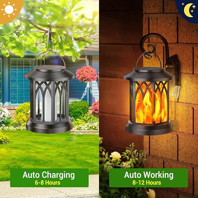 KOOPER 4 Pack Solar Lantern Outdoor Lights, Upgraded Flickering Flame Solar Lanterns Lights Outdoor Waterproof, Hanging Lantern Decorative, Solar Powered Lanterns for Yard Patio Path Tree Garden Decor